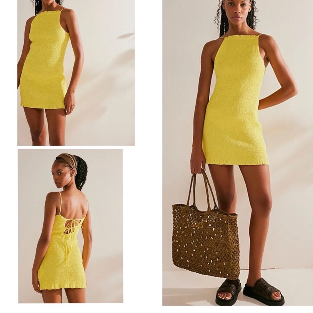 Free People Lyla Smocked Mini Dress - Bright Yellow large NWT